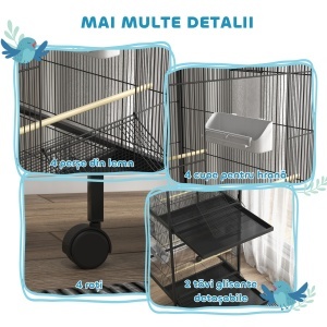 Volieră pentru Păsări cu Roți, Tăvi Detașabile din Plastic și Stinghii, Colivie pentru Canari din Metal, 168 cm, Negru - Img 4
