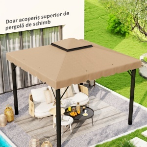 Acoperiș de Schimb pentru Pavilion 3x3 m cu 2 Niveluri, Copertină Rezistentă la Apă din Poliester 170g/㎡ cu 8 Orificii de Drenaj, Bej - Img 2