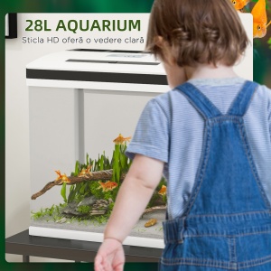 Acvariu de 28L cu Iluminare LED, Orificii de Ventilație și Pompă Silențioasă, 38x26x38 cm, Alb - Img 7