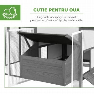 Adăpost din Lemn pentru Găini Ouașe de Exterior cu 2 Zone Laterale, Cuibar, Acoperiș Impermeabil, Tavă Glisantă, Loc de Odihnă, Uși și Rampă, pentru 2-4 Găini, 247x118x113.5cm, Gri - Img 6