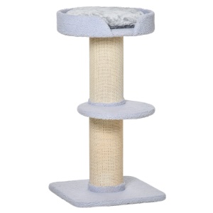 Ansamblu de joaca pentru pisici cu culcus, perna si tapiterie din plus, stalp din franghie de sisal, 45x45x91cm, albastru deschis - Img 1