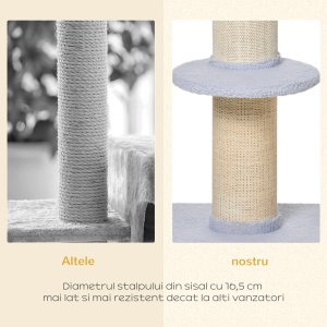 Ansamblu de joaca pentru pisici cu culcus, perna si tapiterie din plus, stalp din franghie de sisal, 45x45x91cm, albastru deschis - Img 6