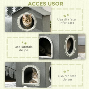 Ansamblu de joaca pentru pisici cu strat dublu, pat pentru pisici de tip cabina cu perne moi care pot fi spalate, centru de activitati cu spatii multiple pentru pisici, gri - Img 6