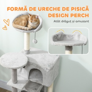 Ansamblu de Joaca pentru Pisici Înalt de 140 cm cu 2 Căsuțe, Hamac, Pat și Stâlpi din Sisal, Gri - Img 5