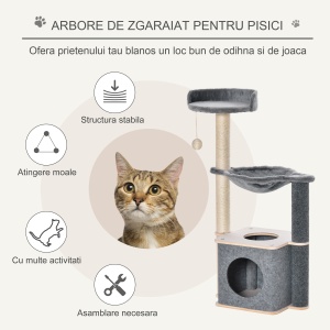 Ansamblu de joaca pentru pisici, Lemn/Plush, 48 x 34 x 95 cm, Gri - Img 4