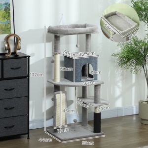 Ansamblu de Joacă pentru Pisici Multinivel Înalt 132 cm cu Căsuță, Culcuș, Stâlpi de Zgâriat, Perie și Minge, Gri - Img 3
