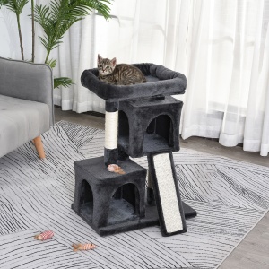 Ansamblu pentru pisici cu stalpi din sisal, pat si 2 Casute cu invelis de plus, 59x39x83cm, Negru - Img 2