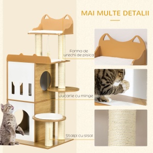 Ansamblul pentru pisici MDF cu stalpi de zgariat din sisal, 2 casute pentru pisici, platforme si minge de joaca, 60x48x133 cm, alb si stejar - Img 5