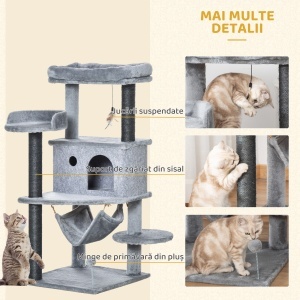 Arbore Răzuitoare pentru Pisici 48x48x107 cm Turn pentru Pisici cu Cavernă de Fetru Demontabilă Hamacă Paturi Platforme Gri - Img 5