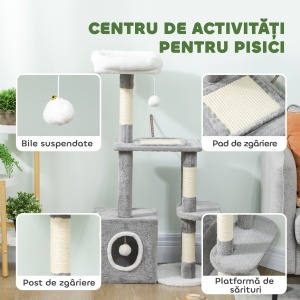 Arbore Zgâriător pentru Pisici cu Căsuță, Pat și 2 Mingi, Turn pentru Pisici din PFL, Pluș, Bumbac PP și Sisal, 55x40x107 cm, Gri și Alb - Img 4