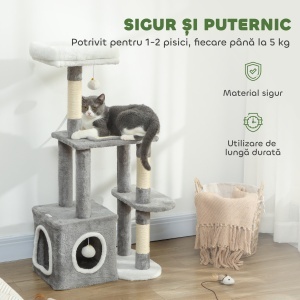 Arbore Zgâriător pentru Pisici cu Căsuță, Pat și 2 Mingi, Turn pentru Pisici din PFL, Pluș, Bumbac PP și Sisal, 55x40x107 cm, Gri și Alb - Img 6