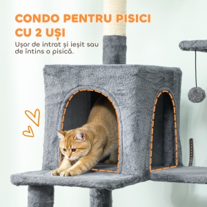 Arborele pentru Pisici mare, 202 cm, cu 6 Stâlpi de Zgâriat, 2 Hamace, 2 Stinghii, 2 Pompoane, Gri inchis - Img 5