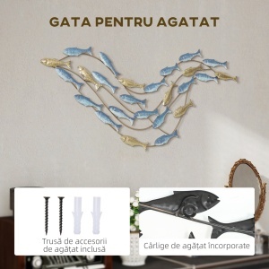 Artă de Perete Banc de Pești din Metal cu Șuruburi Incluse, 99.7x3.8x50.2 cm, Auriu și Albastru - Img 5