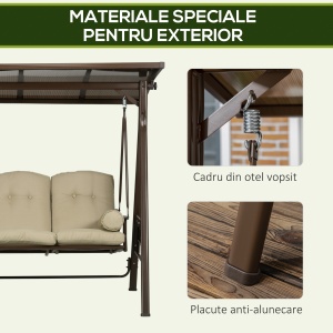 Balansoar de Gradina 3 Locuri din Otel si Poliester cu Baldachin Rabatabil din PC si Perne pentru Spatar si Brate, 208x120x174 cm, Maro si Kaki - Img 6