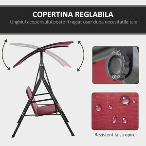 Balansoar de Grădină cu 3 Locuri, Copertină Parasolar Reglabilă și Șezut Respirabil, 172x110x153 cm, Roșu Vin - Img 4