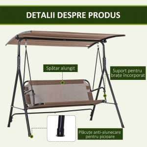 Balansoar de Gradina/Terasa 3 Locuri cu Baldachin Reglabil din Metal si Textilen, 172x110x155 cm, Maro - Img 6
