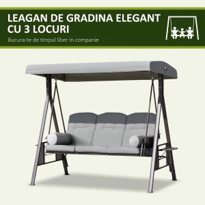 Balansoar Exterior 3 Locuri cu Cadru din Oțel, Acoperiș și Perne Incluse, Gri Deschis - Img 7