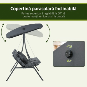 Balansoar pentru Exterior de Grădină cu 3 Locuri și Acoperiș Reglabil, Perne Decorative, 202x115x168 cm, Gri - Img 5