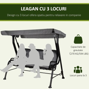 Balansoar pentru Gradina pentru 3 Persoane cu Copertină Reglabilă și Perne, 200x120x170cm, Negru - Img 6