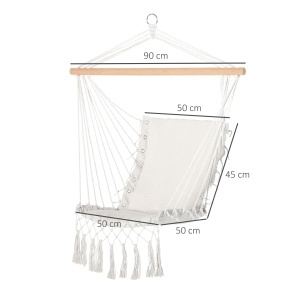 Balansoar Suspendat din Țesătură cu Ciucuri și Bară din Lemn de Plop, 90x50 cm, Crem - Img 3