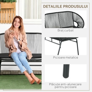 Bancă Acapulco cu Brațe, Perne și Cadru din Oțel, Greutate Maximă 260 kg pentru Balcon, Terasă, Grădină 132x72x83 cm Negru - Img 6