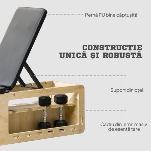 Bancă de Antrenament din Lemn cu Suport pentru Gantere și Benzi de Rezistență, Bancă Fitness Reglabilă pentru Acasă - Img 7