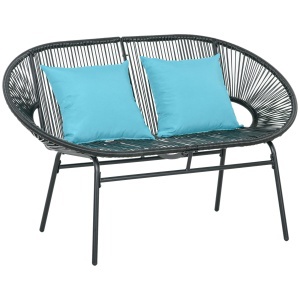 Bancă de grădină cu 2 locuri din metal și sfoară din rășină cu 2 perne - dim. 132L x 72l x 83Î cm - negru - Img 1