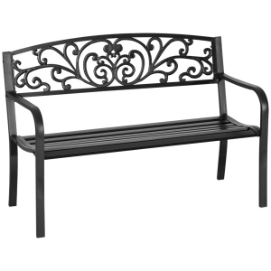 Banca de gradina din metal cu spătar decorat, 127x60x87cm – negru - Img 1