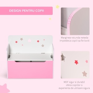 Bancă Depozitare Jucării 2 în 1 din Lemn, Ladă de Depozitare cu Spătar pentru Copii de 3-6 Ani, 60x30x50 cm, Roz - Img 4