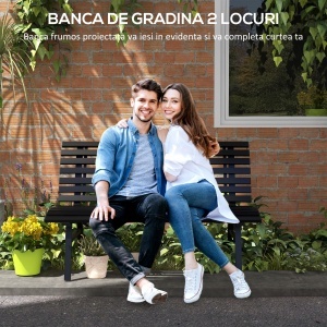 Bancă pentru Grădină, Bancă de Exterior pentru Terasă cu Șezut și Spătar cu Lamele, 123x67x79 cm, Negru - Img 4