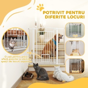 Bariera de Siguranta Interioara pentru Caini, cu 2 Extensii si Usa pentru Pisici, 76-104x77 cm, Alb - Img 8
