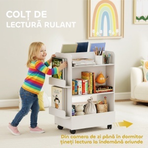 Bibliotecă pentru Copii 3-8 Ani pe Două Părți, Raft de Jucării cu Roți și Tablă Neagră, Alb - Img 5