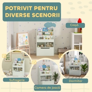 Bibliotecă pentru Copii cu Rafturi, Sertar și Roți, Raft pentru Jucării și Cărți, 60x29.9x90 cm, Verde - Img 7