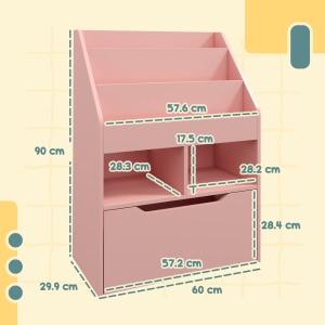 Bibliotecă pentru Copii cu Rafturi, Sertar și Roți, Raft pentru Jucării și Cărți, 60x29.9x90 cm, Roz - Img 3
