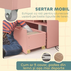 Bibliotecă pentru Copii cu Rafturi, Sertar și Roți, Raft pentru Jucării și Cărți, 60x29.9x90 cm, Roz - Img 6
