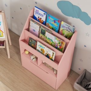 Bibliotecă pentru Copii cu Rafturi, Sertar și Roți, Raft pentru Jucării și Cărți, 60x29.9x90 cm, Roz - Img 9