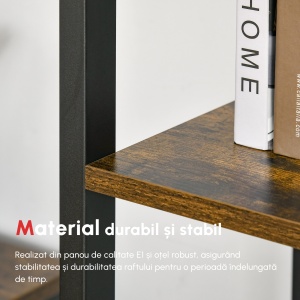 Bibliotecă stil industrial cu 5 rafturi din lemn și oțel, 40x30x154cm - Maro rustic - Img 8