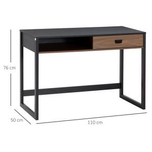 Birou Calculator – Nuc & Negru cu Sertar si Raft, Non-structură metalică, MDF, Picioare negre, Față sertar din lemn - Img 3