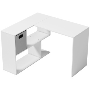 Birou Colțar pentru Calculator, 110x100 cm Birou în L cu Raft și Sertar din Material Textil, Masă pentru PC pentru Dormitor, Birou și Cameră de Studiu, Alb