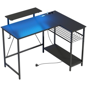 Birou Gaming Reversibil în Formă de L cu LED, 114,5x82cm Birou Colțar cu Prize Electrice, Suport pentru Monitor și Rafturi Reglabile, Post Gaming pentru Casă sau Birou, Negru