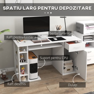Birou PC Ergonomic – Alb, Cu Rafturi & Blat Tastatura - Img 4