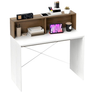 Birou PC pentru Studiu cu Blat Înălțat și 2 Rafturi, 110x50x102.6 cm, Alb și Maro Nuc