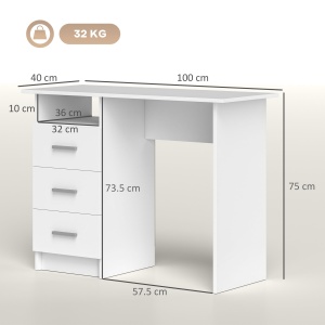 Birou pentru Calculator cu 3 Sertare și Spațiu de Depozitare, 100x40x75 cm, Alb - Img 3