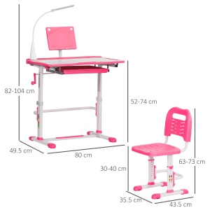 Birou pentru Copii cu Scaun Reglabil, Masă cu Sertar, Lampă și Suprafață Înclinabilă, 80x49,5x82-104 cm, Roz - Img 3