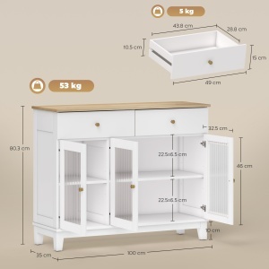 Bufet Bucătărie cu 2 Dulapuri și 2 Sertare, Uși din Sticlă Securizată Canelată, Bufet Sufragerie cu Rafturi Ajustabile, pentru Living sau Sufragerie, 100x35x80.3 cm, Alb și Stejar - Img 3