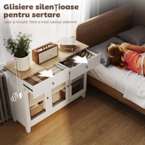 Bufet Bucătărie cu 2 Dulapuri și 2 Sertare, Uși din Sticlă Securizată Canelată, Bufet Sufragerie cu Rafturi Ajustabile, pentru Living sau Sufragerie, 100x35x80.3 cm, Alb și Stejar - Img 5