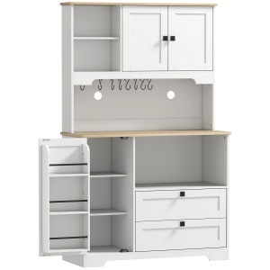 Bufet de Bucătărie Înalt 162 cm, Mobilier de Depozitare cu 2 Dulapuri, 2 Sertare, Suport Condimente, Orificii pentru Cabluri, Rafturi Reglabile, Blat pentru Cuptor cu Microunde, Suporturi pentru Cești, Alb - Img 1