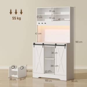 Bufet de Bucătărie Rustic 180cm, Dulap cu Priză de Încărcare, Lumini LED, Suport pentru Sticle, Blat pentru Cuptor, Rafturi Deschise, Uși Glisante, Orificiu pentru Cabluri, Alb - Img 3