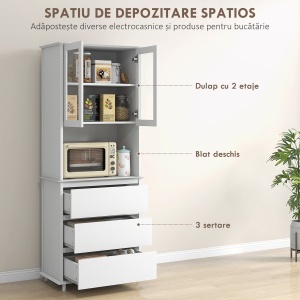Bufet Mobilier Bucatarie cu Usi de Sticla si 3 Sertare 68x38x172 cm – Alb - Img 4