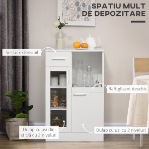 Bufet modern cu dulapuri si sertar, dulap de bucatarie cu economie de spatiu din lemn si sticla 60x40x95cm, alb - Img 4